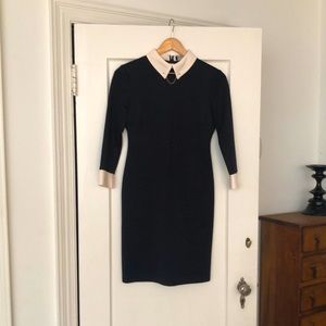 Little Black Dress with white collar and cuffs, and gold collar bar pin.